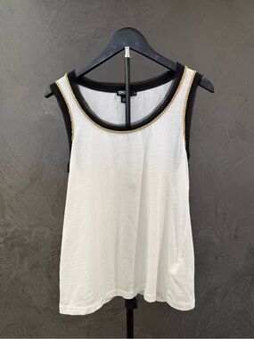 DKNY White Tank with Black Trim and Gold Chain Detail